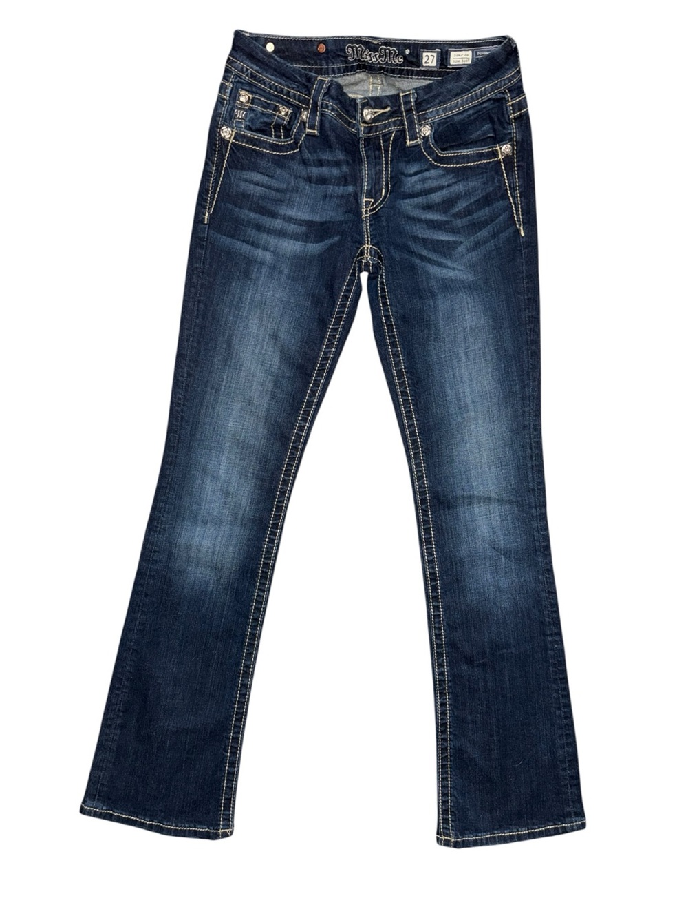 MISS ME SIGNATURE SLIM BOOT JEANS 27 DARK WASH FLEUR DE LIS RHINESTONE Y2K